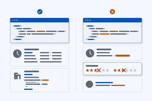 Panel of common markup mistakes including contradicting hours and third-party ratings