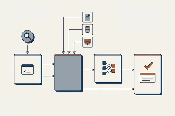 Four-stage flow diagram: query, retrieval, grounding, answer