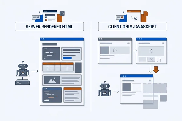 Rendering comparison of server-rendered HTML versus client-only JavaScript content