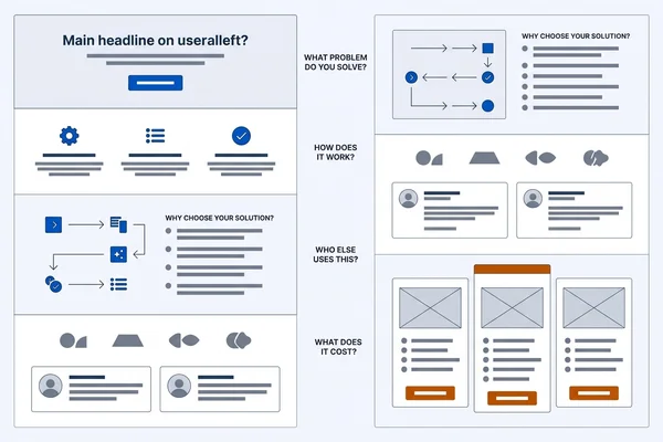 Service page wireframe with each section labelled by the buyer question it answers