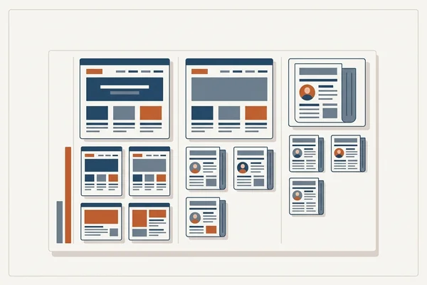 Panel showing business profile, website pages and third-party mentions sized by influence