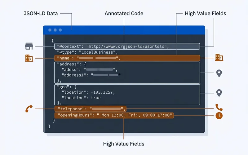 Annotated LocalBusiness JSON-LD code panel with high-value fields highlighted
