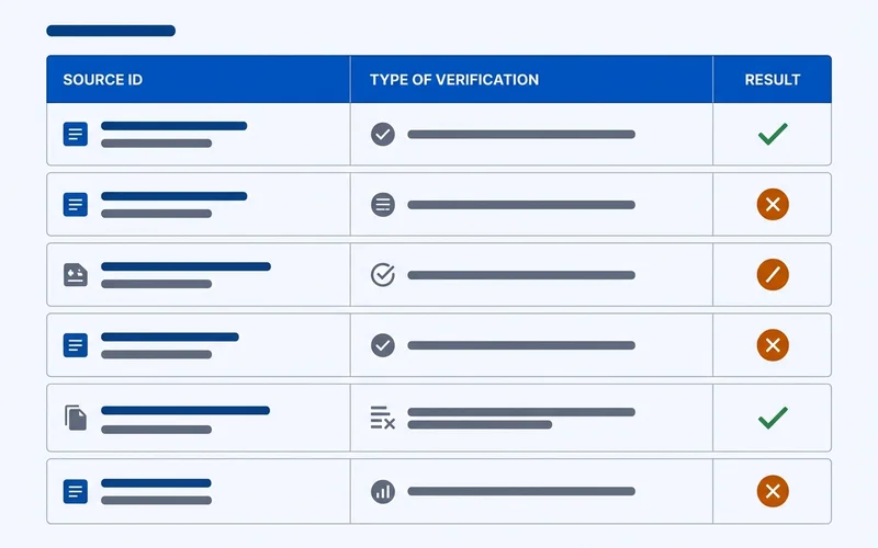 Audit worksheet listing sources to check with consistent and conflicting markers