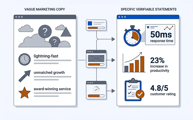 Before-and-after copy comparison showing vague marketing sentences rewritten as specific statements