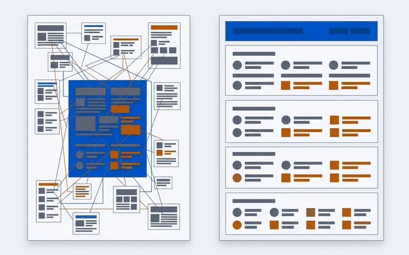 Before-and-after page structure comparison, cluttered versus clearly sectioned