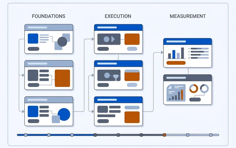 Curriculum map showing eight lessons grouped into foundations, execution and measurement