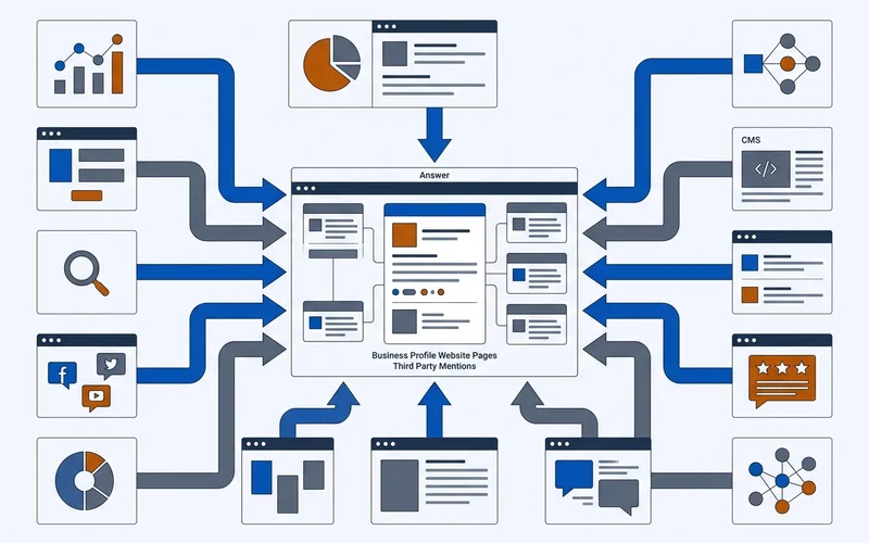Diagram of a business profile, website pages and third-party mentions feeding one answer
