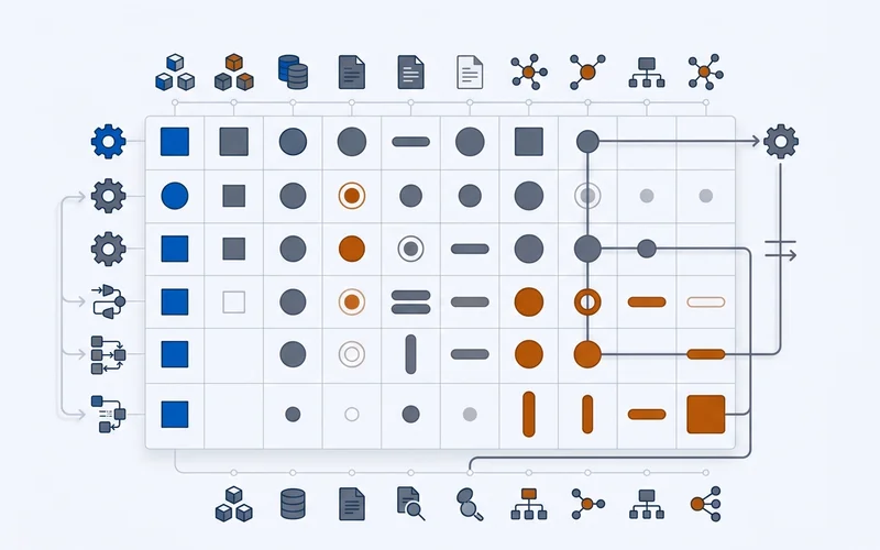 Matrix panel of engines against source types with weighted emphasis marks