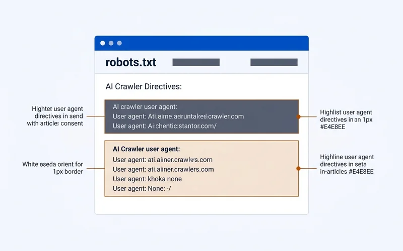 Monospace robots.txt panel with AI crawler user-agent directives highlighted