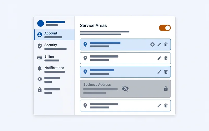 Profile settings panel showing service areas configured correctly