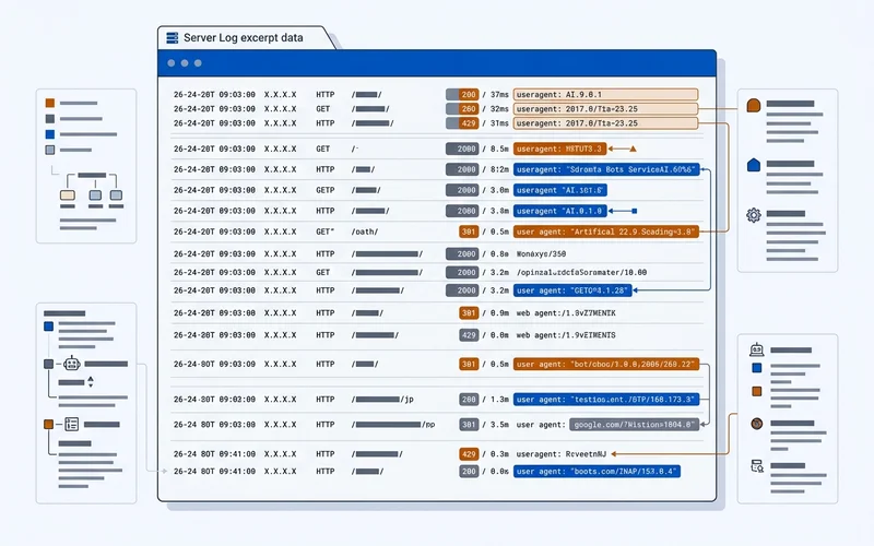 Server log excerpt in monospace type highlighting AI user-agent strings