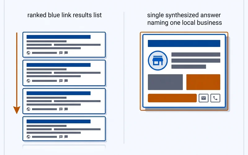 Side-by-side comparison of a ranked results list and a synthesized answer that names one business