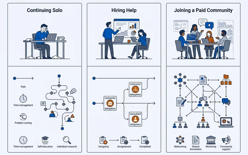 Three-path panel comparing continuing solo, hiring help and joining a community