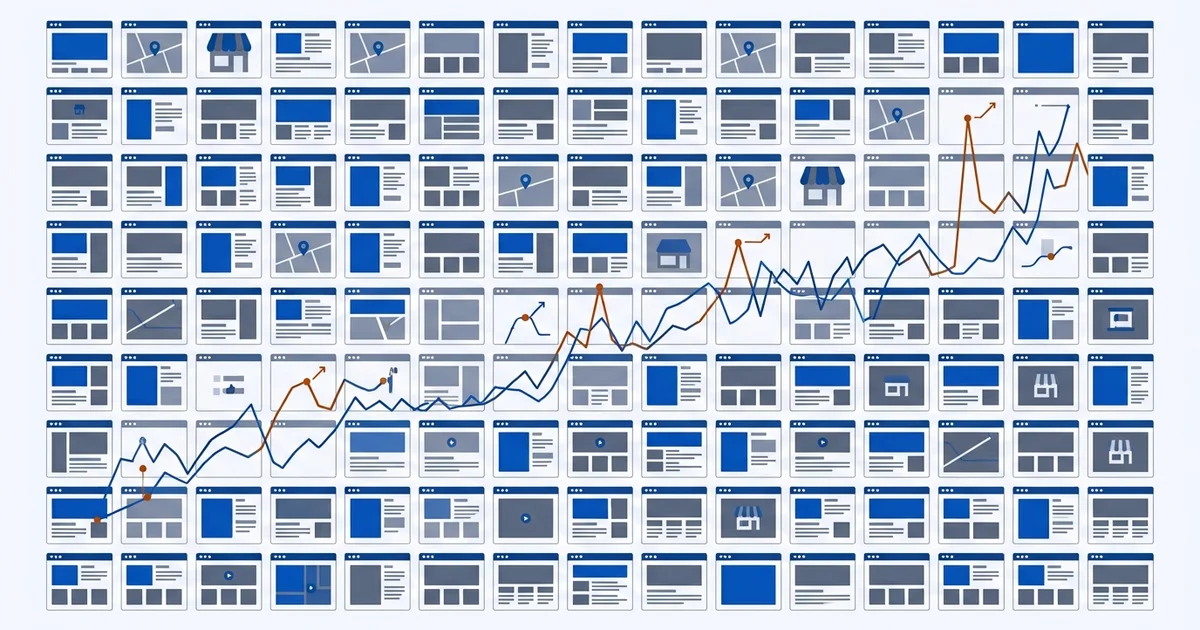 Two hundred local business site thumbnails arranged in a grid with Search Console trend lines overlaid