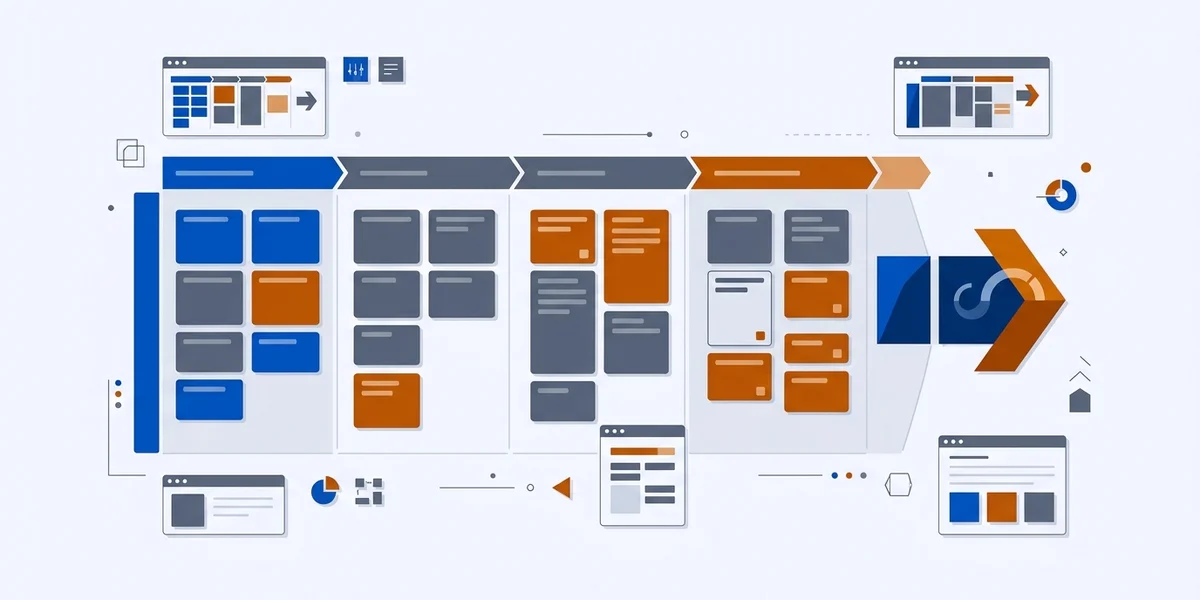 Illustration of a 90-day plan board with grouped task cards and a completion marker