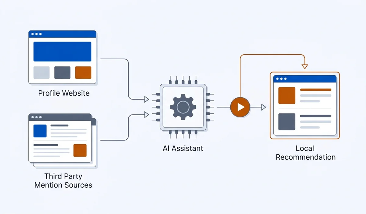Diagram showing an AI assistant assembling a local recommendation from a business profile, a website and third-party mentions