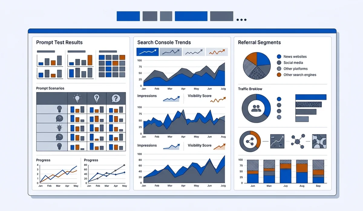 Monthly scorecard with prompt test results, Search Console trends and referral segments