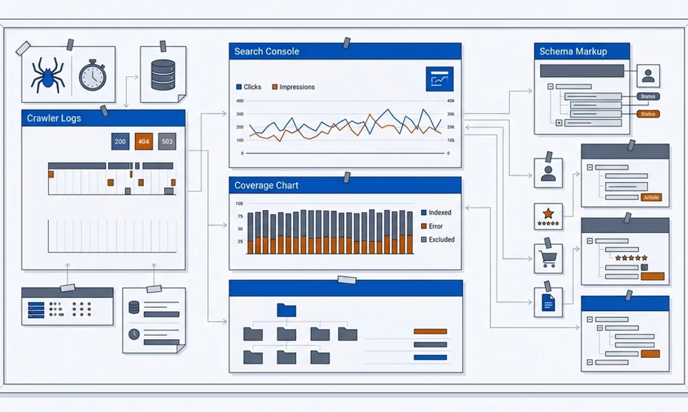 Crawler logs, Search Console charts and schema blocks arranged as an evidence board