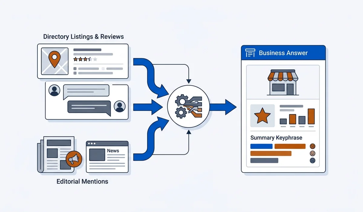 Review text, directory listings and editorial mentions flowing into one synthesized answer about a business