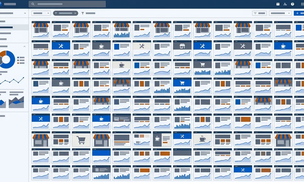 Two hundred local business site thumbnails with Search Console impression charts overlaid